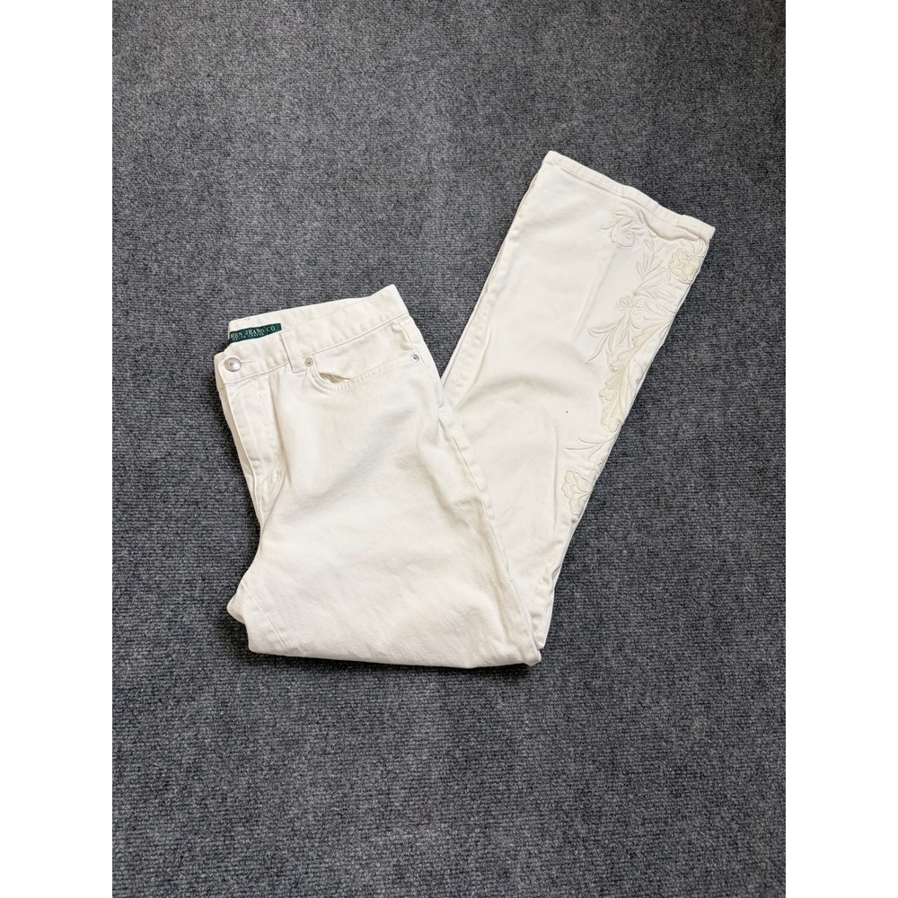 Lauren Ralph Lauren White Floral Embroidered Flare Jeans Womens Cotton Spandex 8